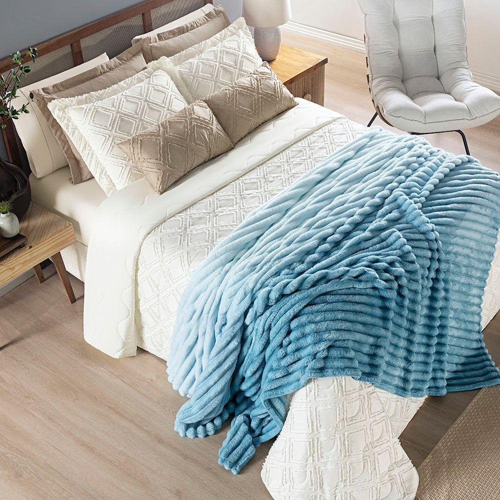 Coordenado Cobre Leito E Cobertor Fluflu Queen Ultrasoft Alto Relevo Dupla Face Azul 100% Poliéster - 1