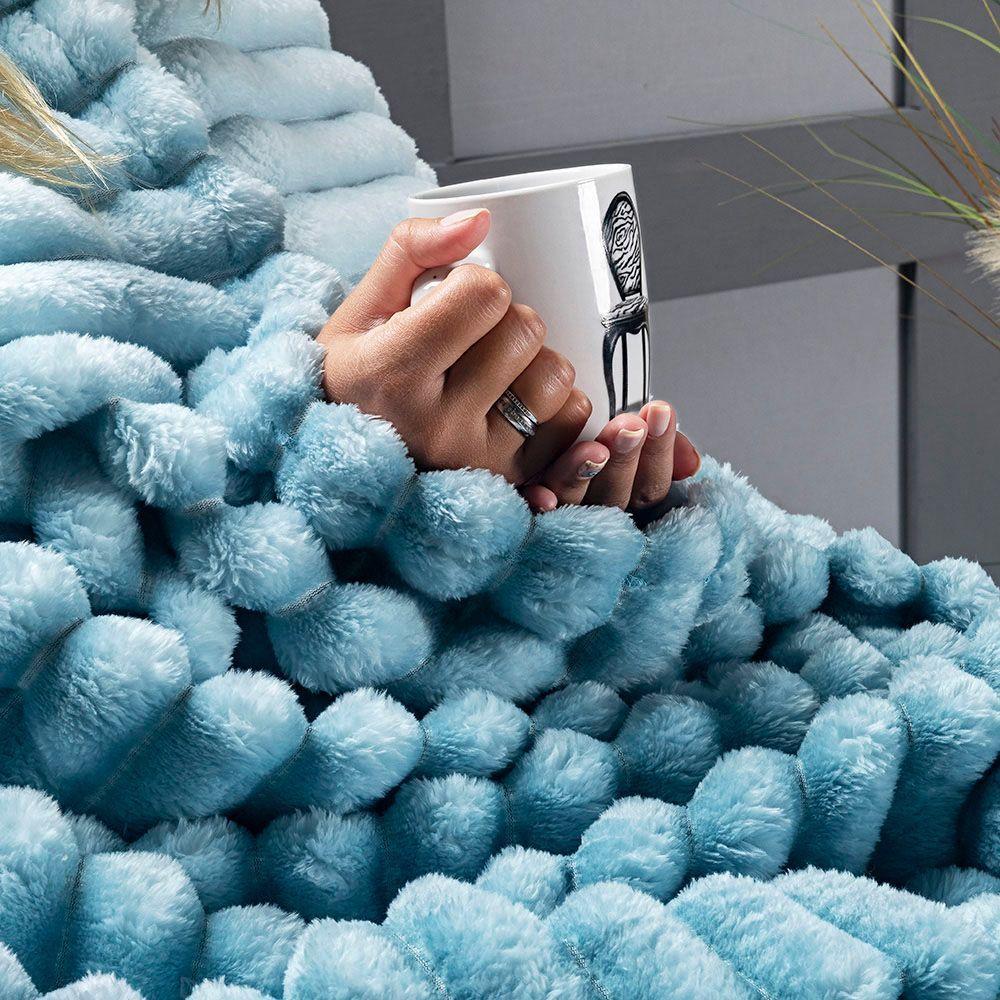 Coordenado Cobre Leito E Cobertor Fluflu Queen Ultrasoft Alto Relevo Dupla Face Azul 100% Poliéster - 3