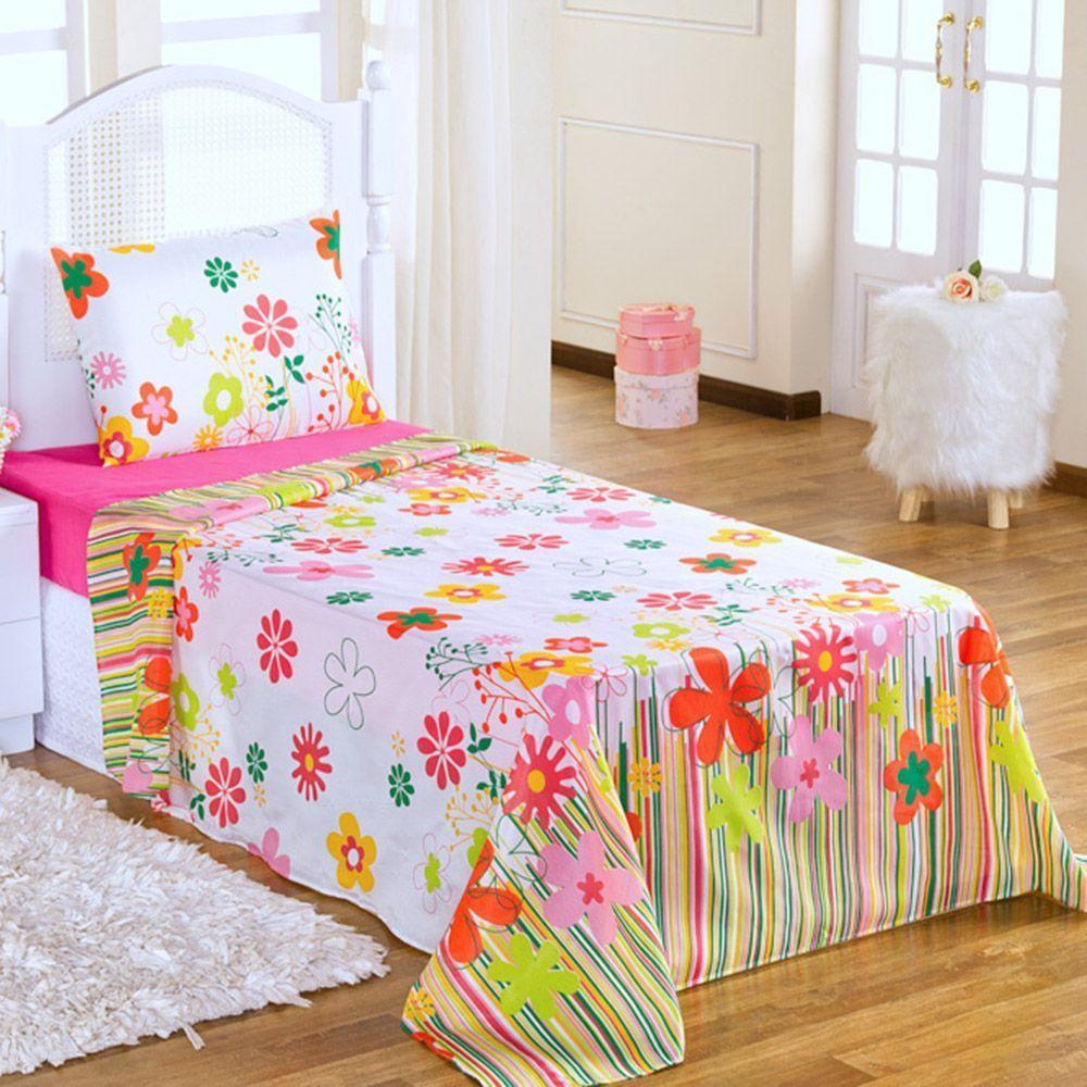 Kit Coordenado Cobre Leito Com Lençol Solteiro Alegria Pink 100% Poliéster - 5