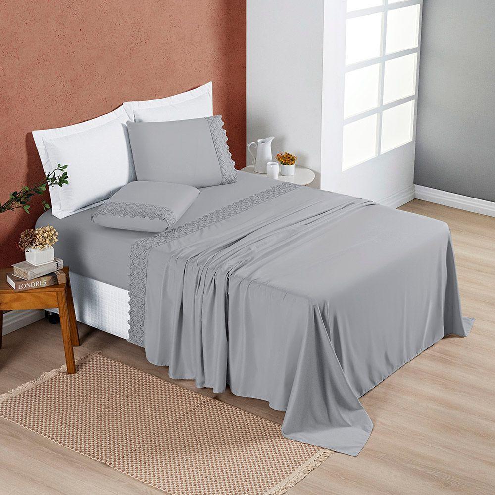 Jogo Cama Lençol Divino Lese Queen 4 Peças Grafite 100% Poliéster - 1