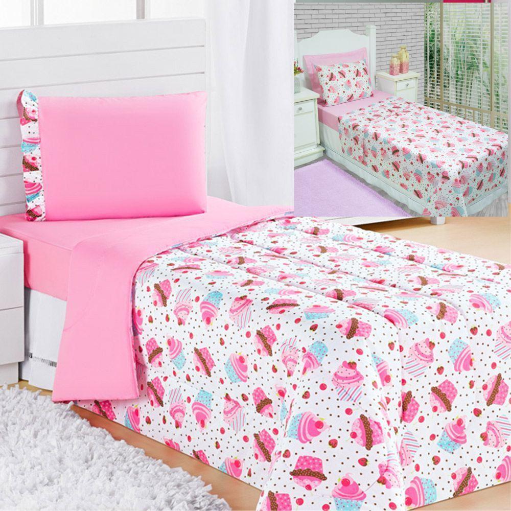 Kit Coordenado Edredom Com Lençol Solteiro Alegria Rosa 100% Poliéster - 1