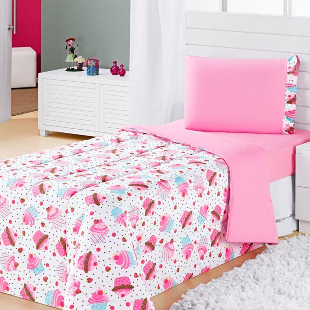 Kit Coordenado Edredom Com Lençol Solteiro Alegria Rosa 100% Poliéster - 2