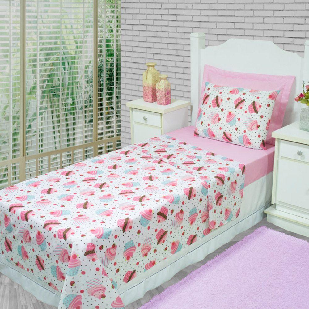 Kit Coordenado Edredom Com Lençol Solteiro Alegria Rosa 100% Poliéster - 5