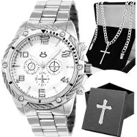 Relogio Masculino Prata + Caixa Religiao Original Cruz Jesus - 1