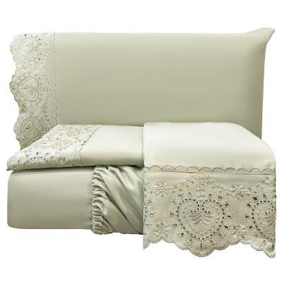 Jogo Cama Lençol Casa Scarpa Detail Casal Padrão Bordado Guipir Bordado Inglês Percal 300 Fios 4 Peças - Bege