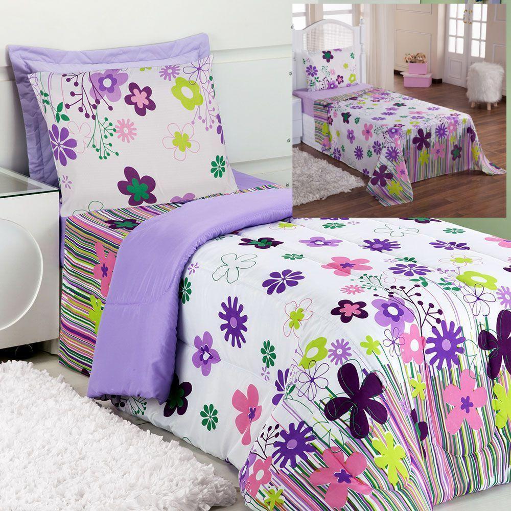 Kit Coordenado Edredom Com Lençol Solteiro Alegria Lilás 100% Poliéster - 2