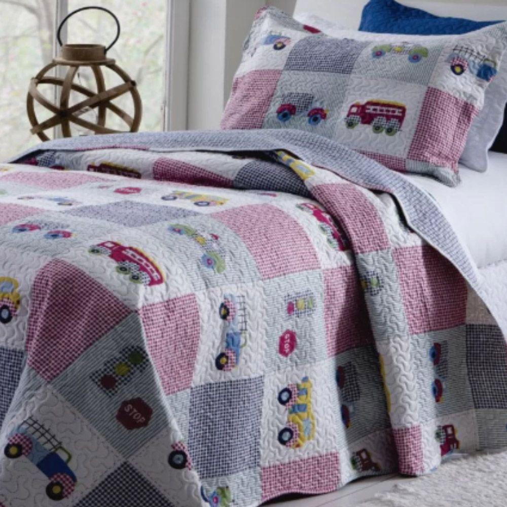 Kit Cobre Leito Colcha Solteiro Infantil Studio Dupla Face Estampado 2 Peças - Carros - Cinza - 100% Poliéster - 2