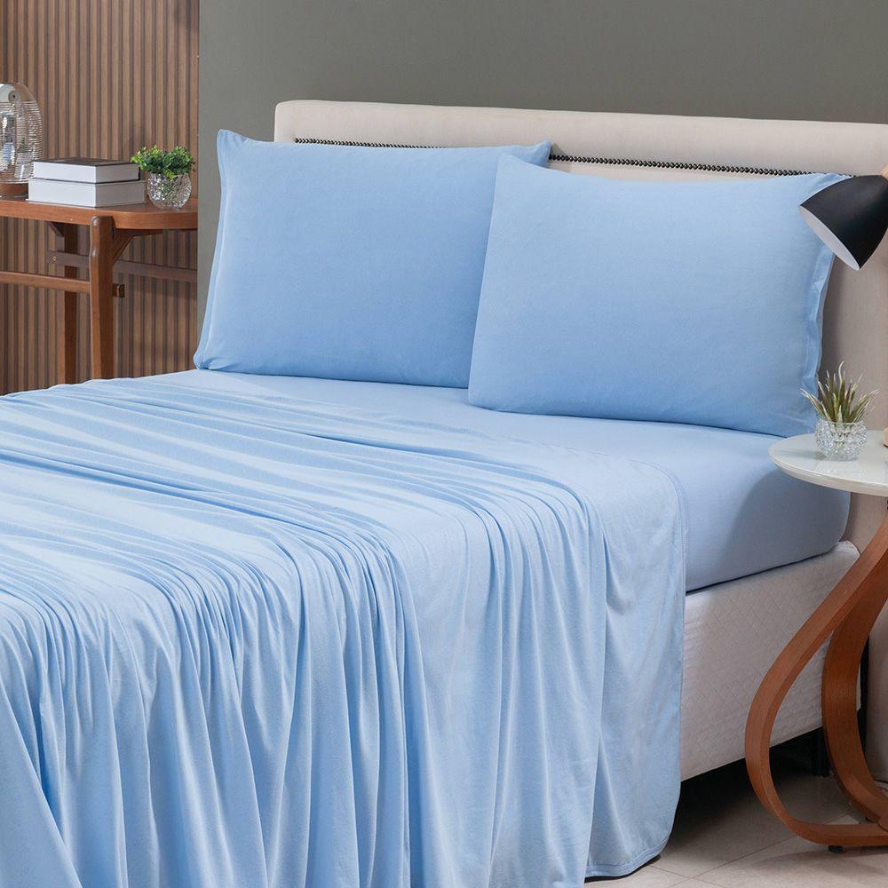Jogo De Cama Lençol Sereno Casal Em Malha Algodão 4 Peças Azul Claro 100% Algodão - 2