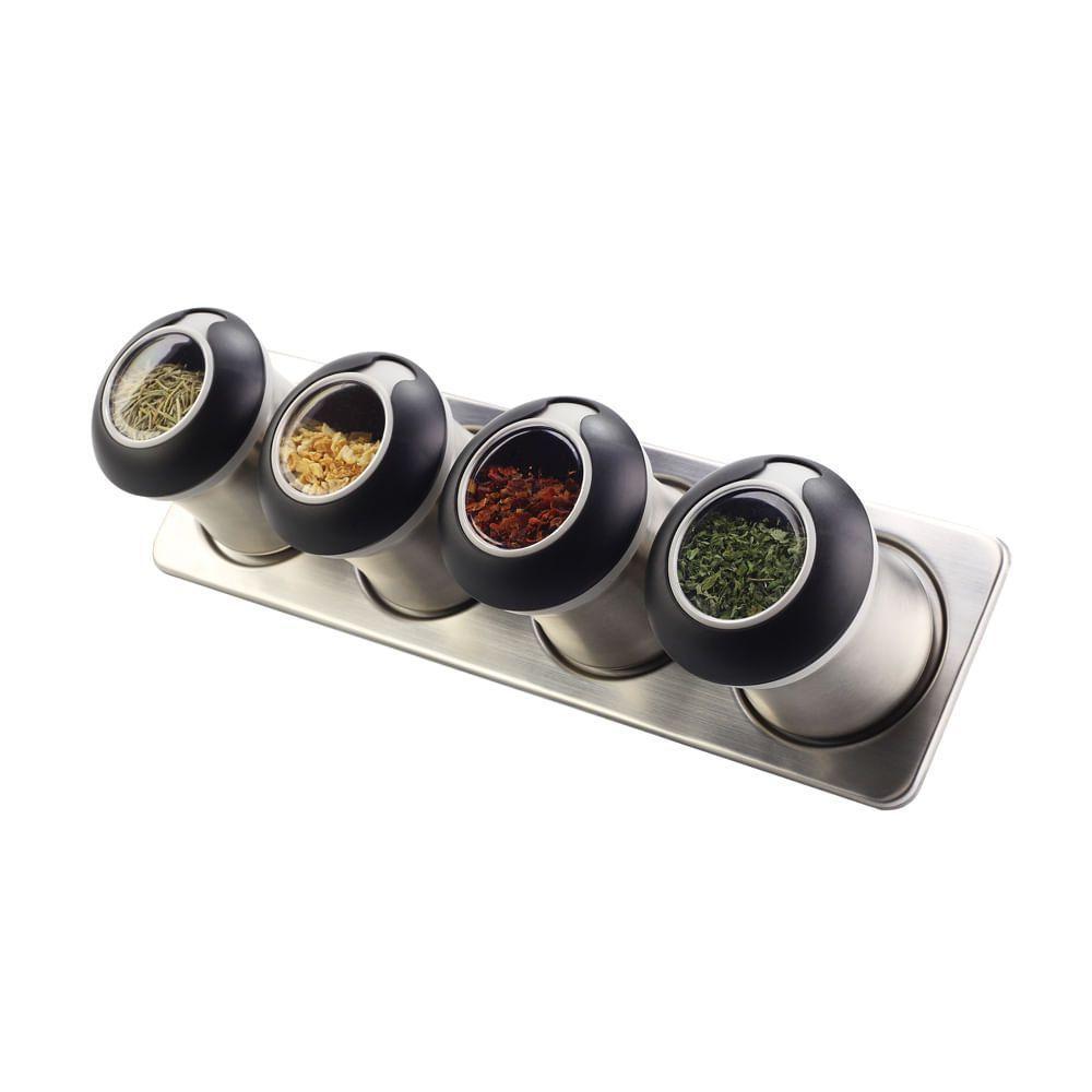 Conjunto De 4 Porta Temperos Em Aço Inox E Suporte Com Imã - 1