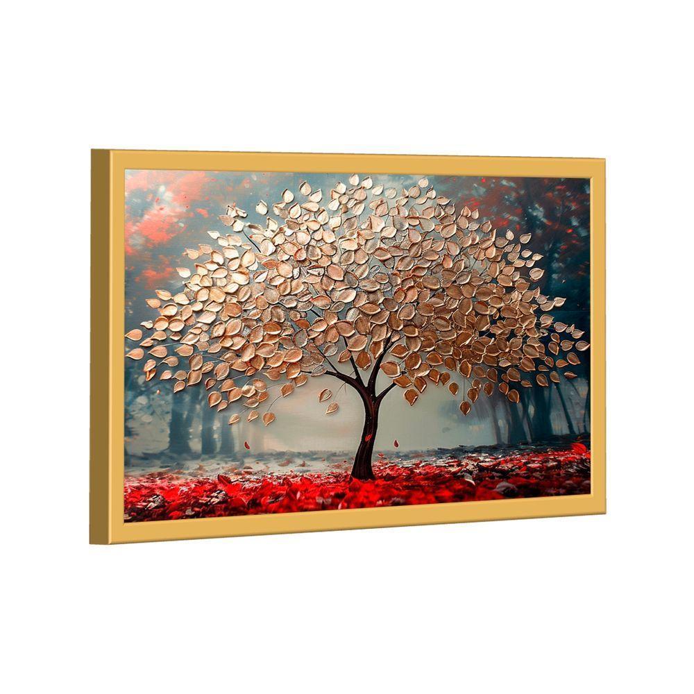 Quadro Decorativo árvore Dourada Com Lindas Folhas 150x100cm Moldura Dourada - 1