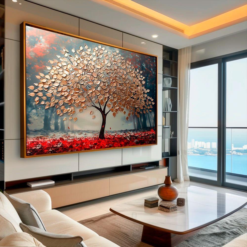 Quadro Decorativo árvore Dourada Com Lindas Folhas 150x100cm Moldura Dourada - 2