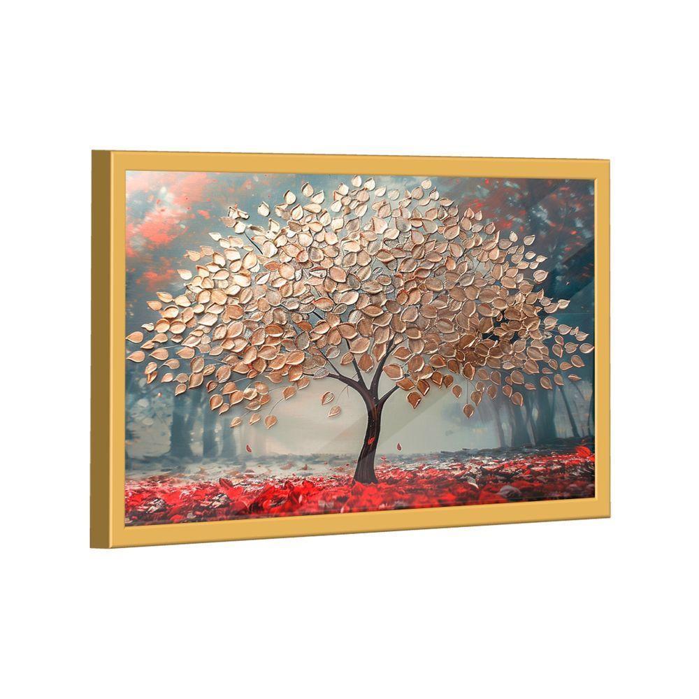 Quadro Decorativo árvore Dourada Com Lindas Folhas 84x54cm Moldura Dourada - 1