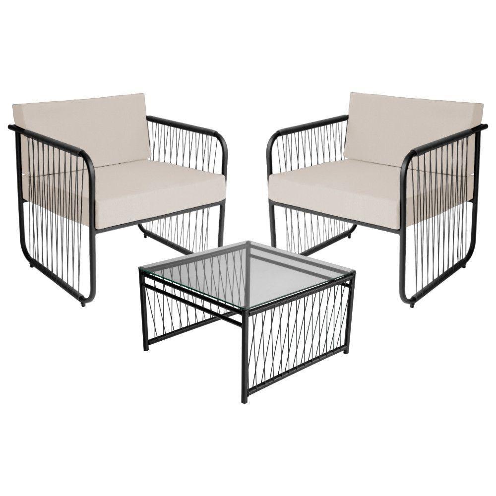 Conjunto 2 Poltronas E Mesa Centro Fibra Sintética Córdova Preto-branco - 1