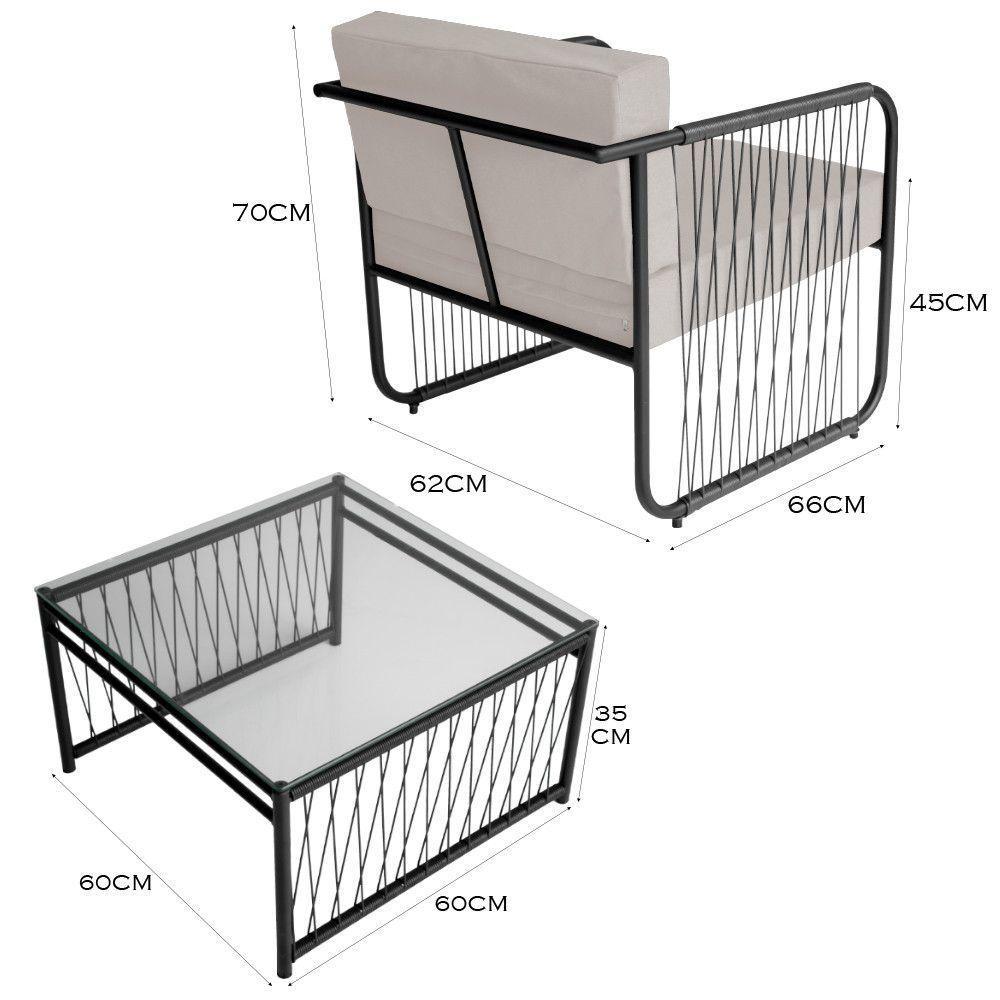 Conjunto 2 Poltronas E Mesa Centro Fibra Sintética Córdova Preto-branco - 2