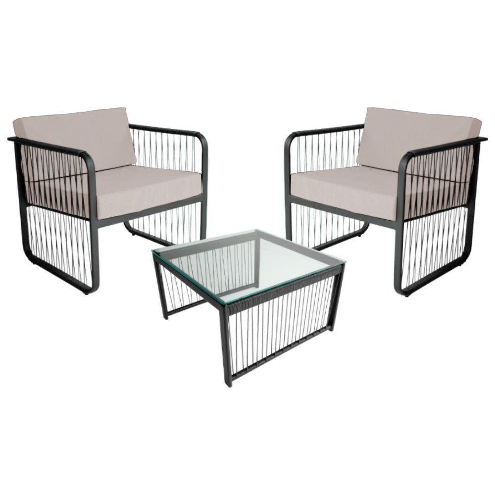 Conjunto 2 Poltronas E Mesa Centro Fibra Sintética Santiago Preto-branco - 1