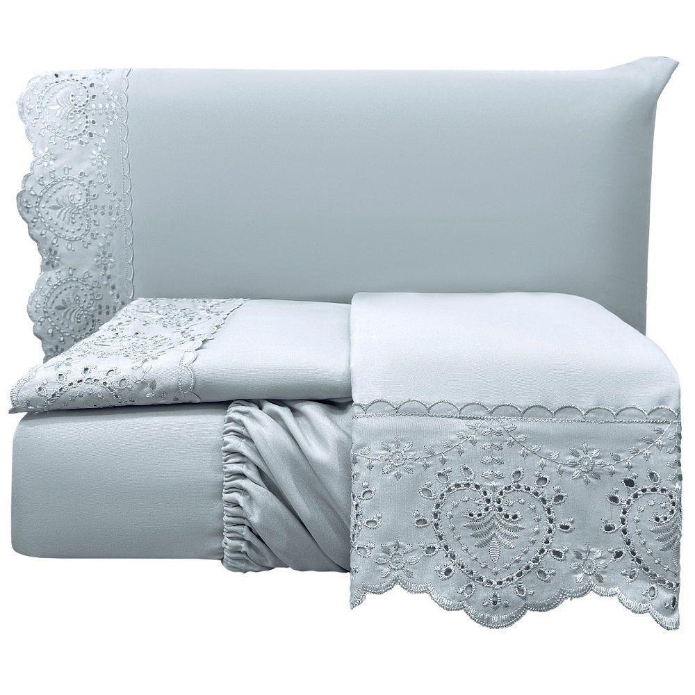 Jogo Lençol Queen Passione Bordado Inglês 4pç 100% Poliéster - Cinza - 1
