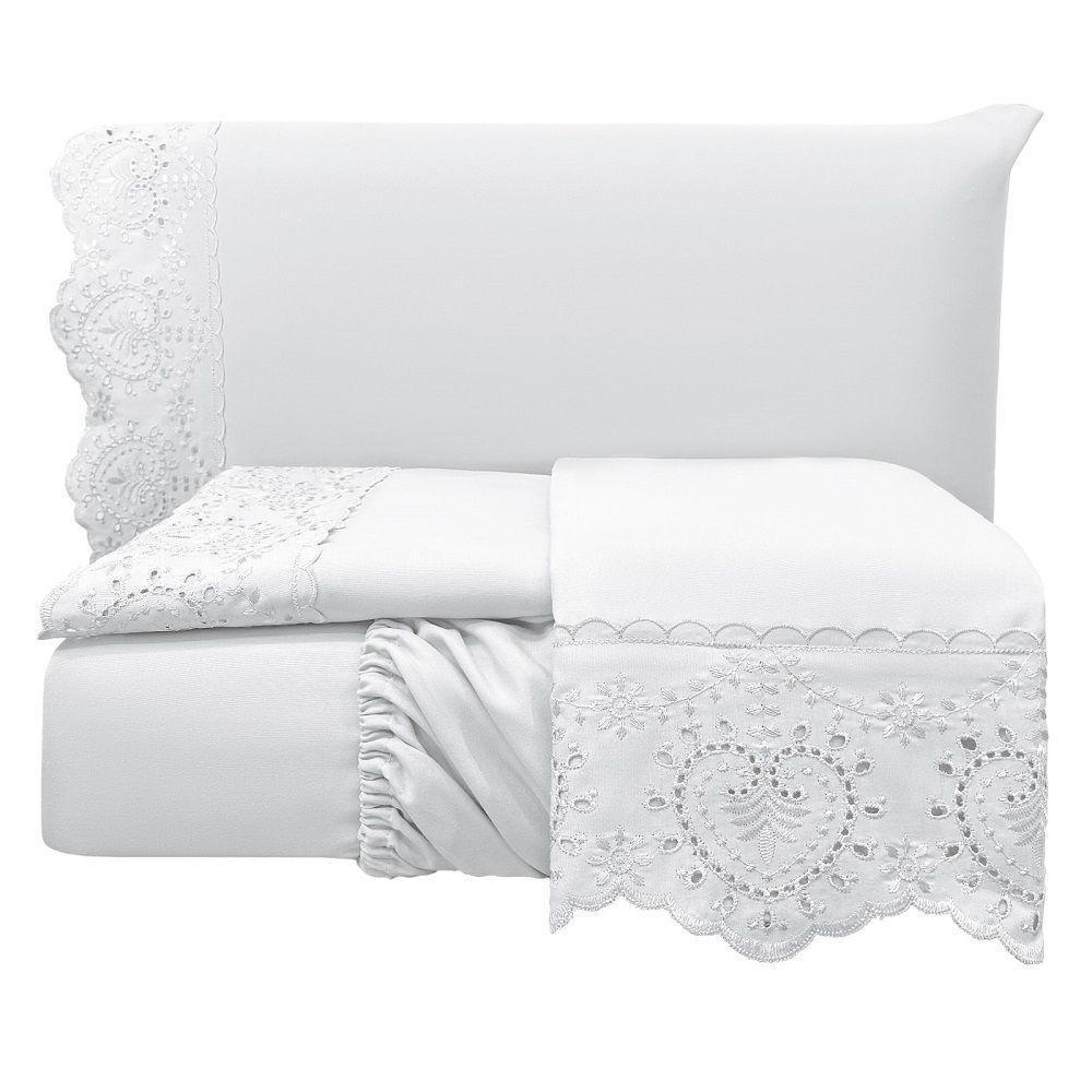 Jogo Lençol Queen Passione Bordado Inglês 4pç 100% Poliéster - Branco - 1