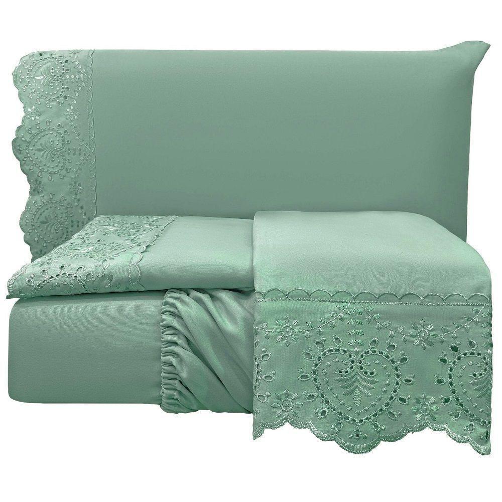 Jogo Lençol King Passione Bordado Inglês 4pç 100% Poliéster - Verde - 1