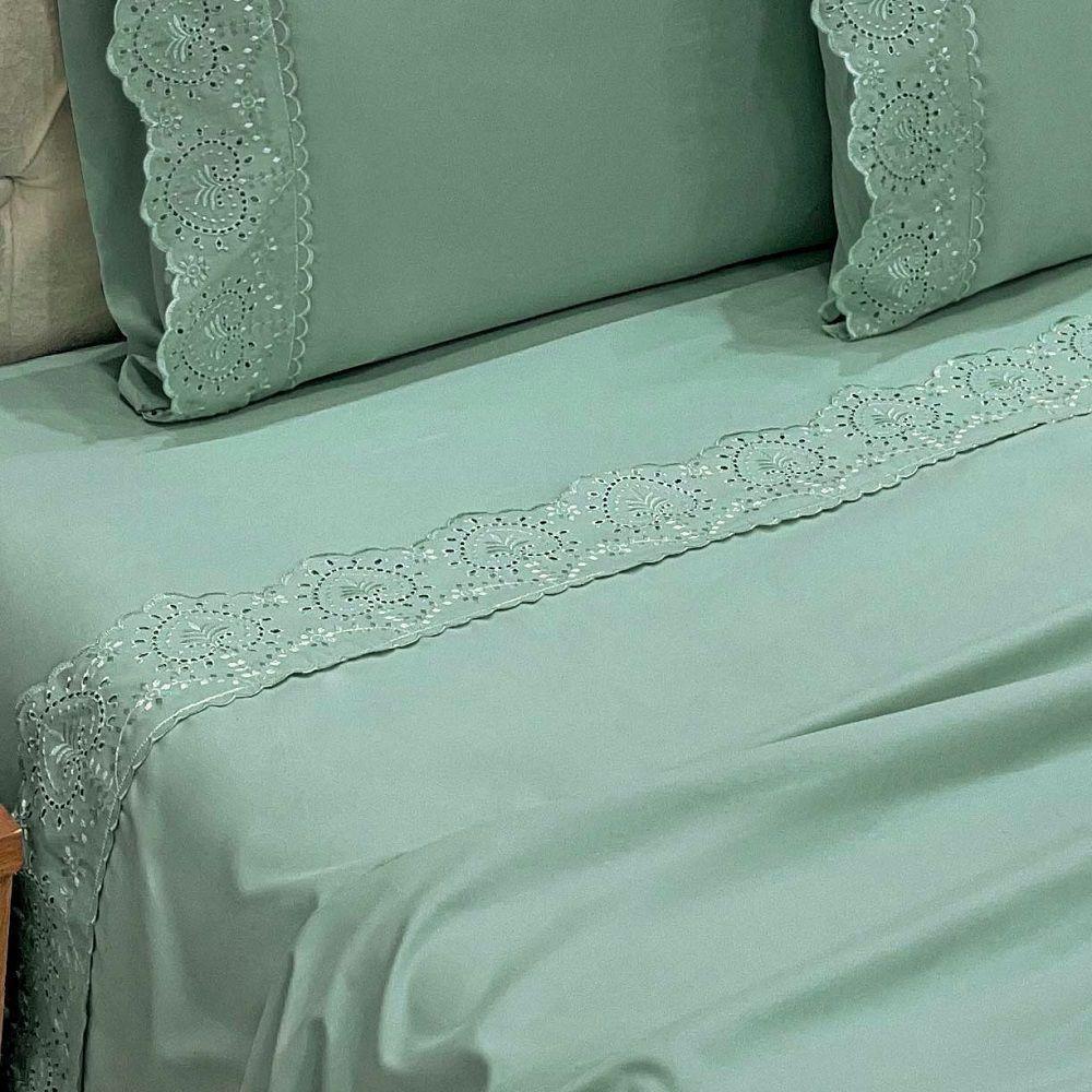 Jogo Lençol King Passione Bordado Inglês 4pç 100% Poliéster - Verde - 4