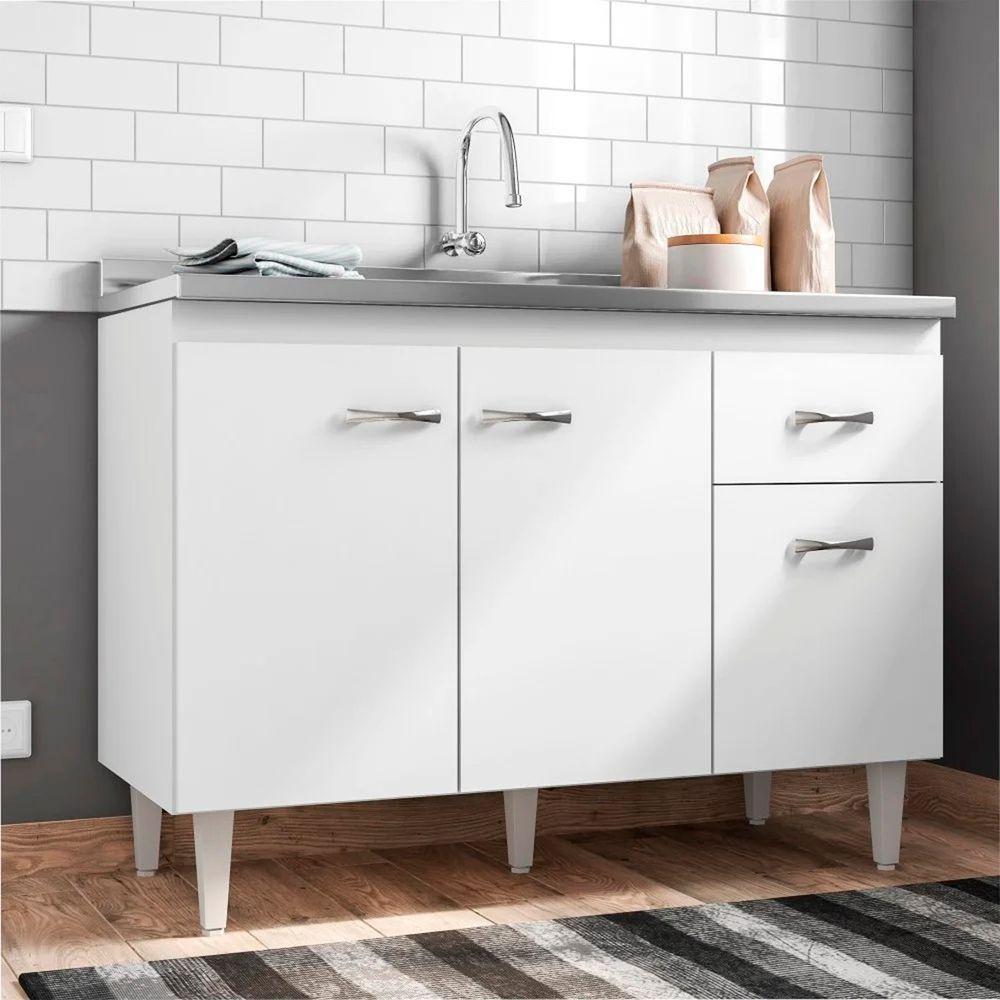 Balcão Gabinete Para Pia Sem Tampo 120cm 3 Portas E 1 Gaveta Flex Gabriela Branco/preto - Ajl Móveis - 2