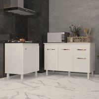 Balcão Para Cooktop 5 Bocas Fran Branco E Armário Aline 118 Cm Cozinha Gabinete Branco Com Tampo Tampão Branco - 2