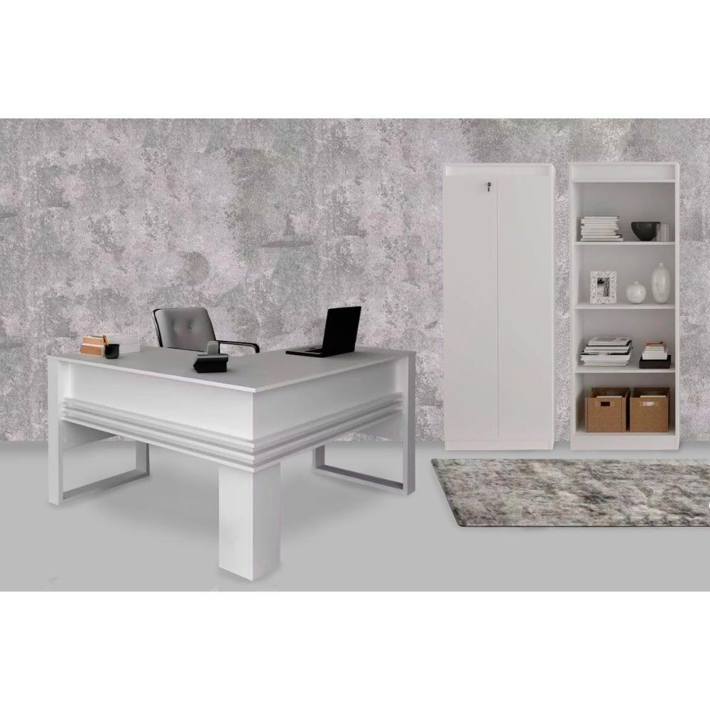 Escritório Completo 1 Mesa De Canto Para Escritório Me4145 + 1 Estante Me4150 + 1 Armário Me4151 3 Peças Branco - 1