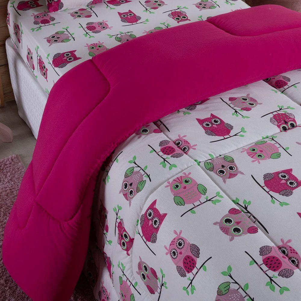 Edredom Fantasy Solteiro 01 Peça Infantil Tecido Malha 100% Algodão Macio Dupla Face - Coruja Rose - 3