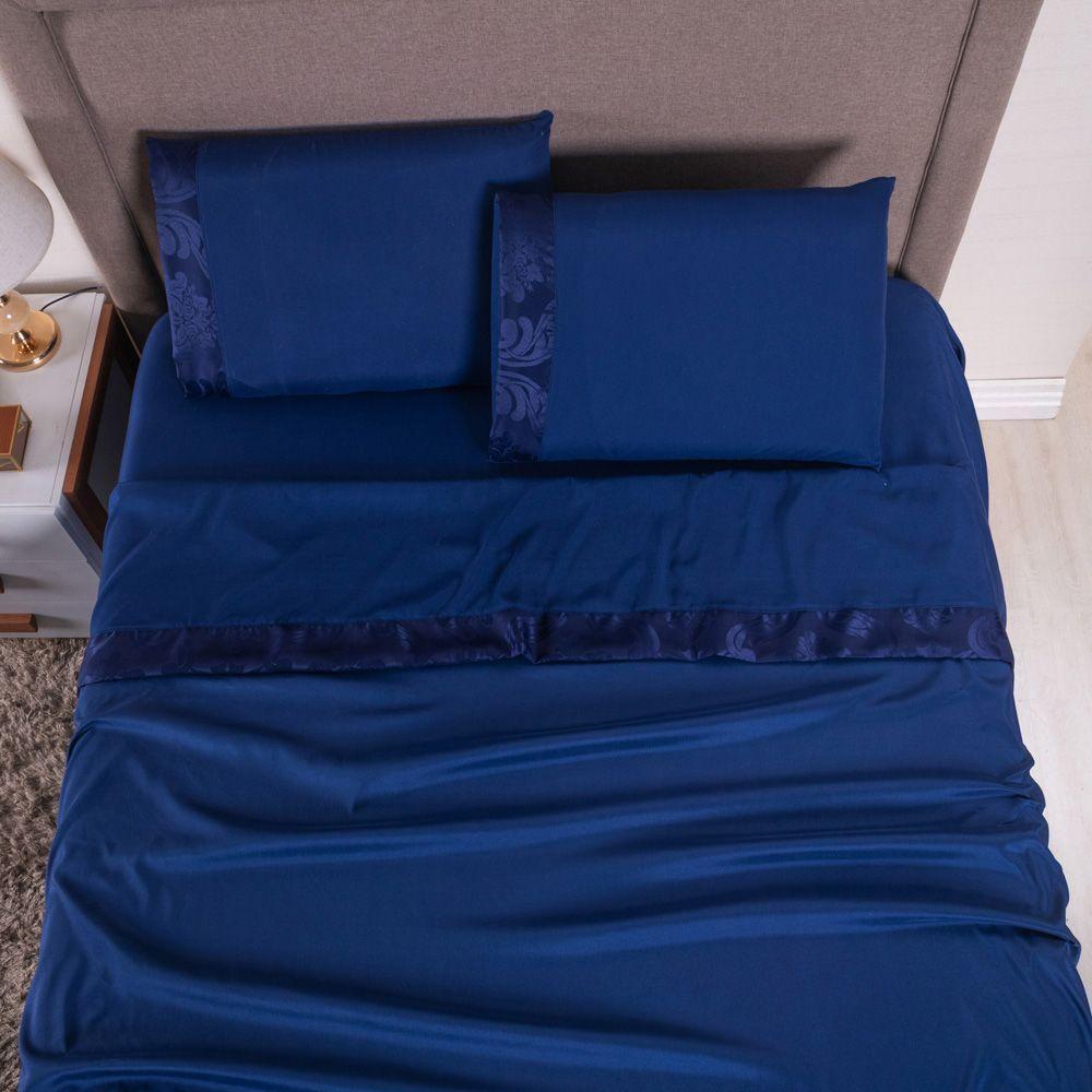 Jogo De Lençol Zurique King 4 Peças Micro Percal 400 Fios Friso Decorativo - Azul Marinho - 3