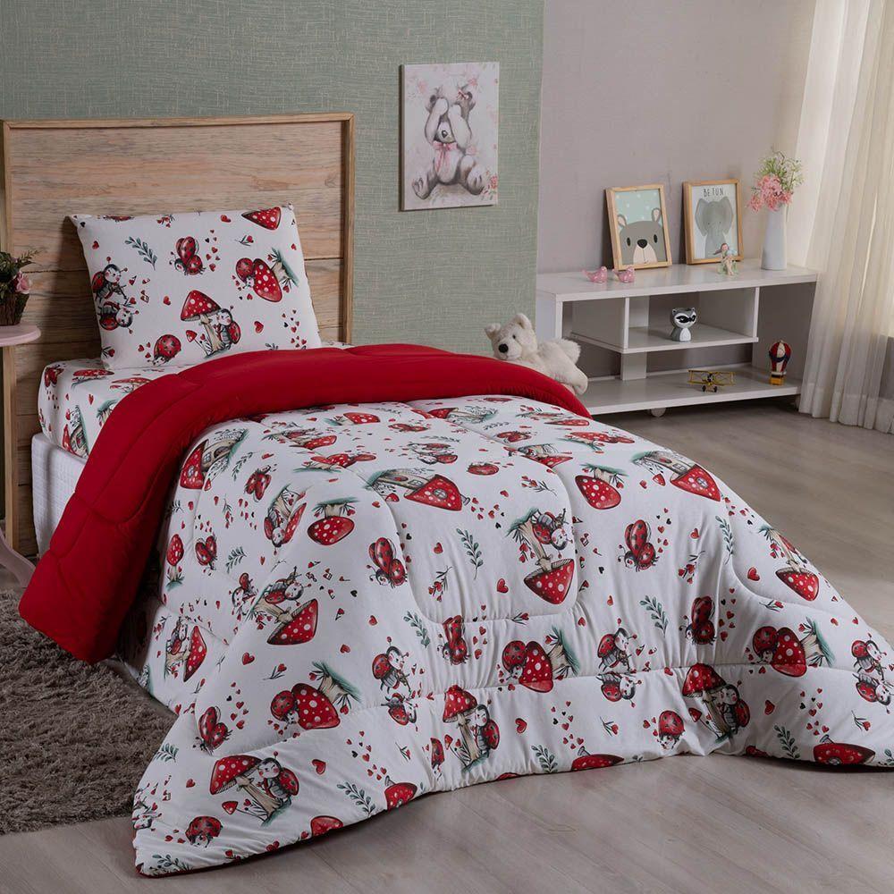 Edredom Fantasy Solteiro 01 Peça Infantil Tecido Malha 100% Algodão Macio Dupla Face - Joaninha Vermelho - 1