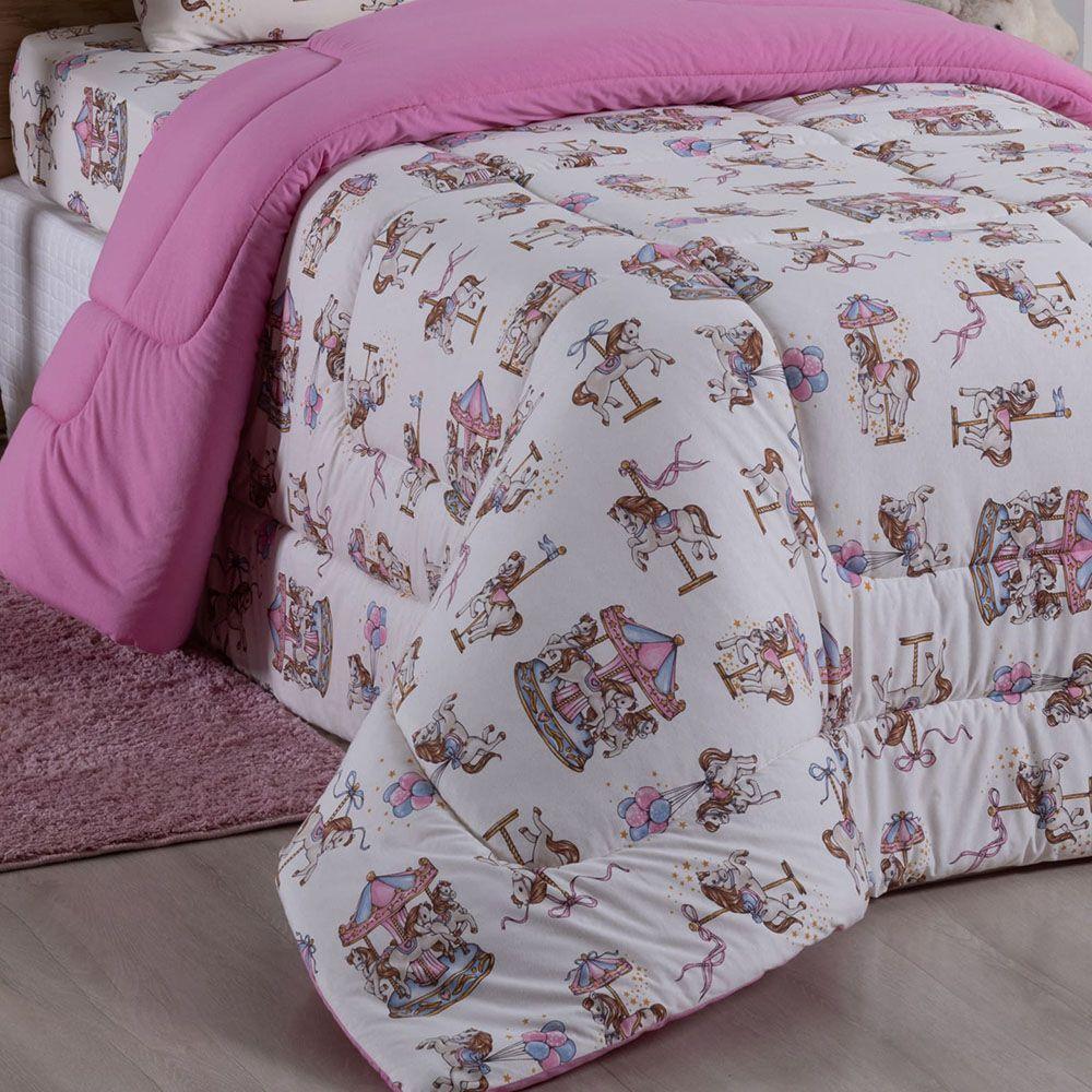 Edredom Fantasy Solteiro 01 Peça Infantil Tecido Malha 100% Algodão Macio Dupla Face - Carrosel Rosa - 2