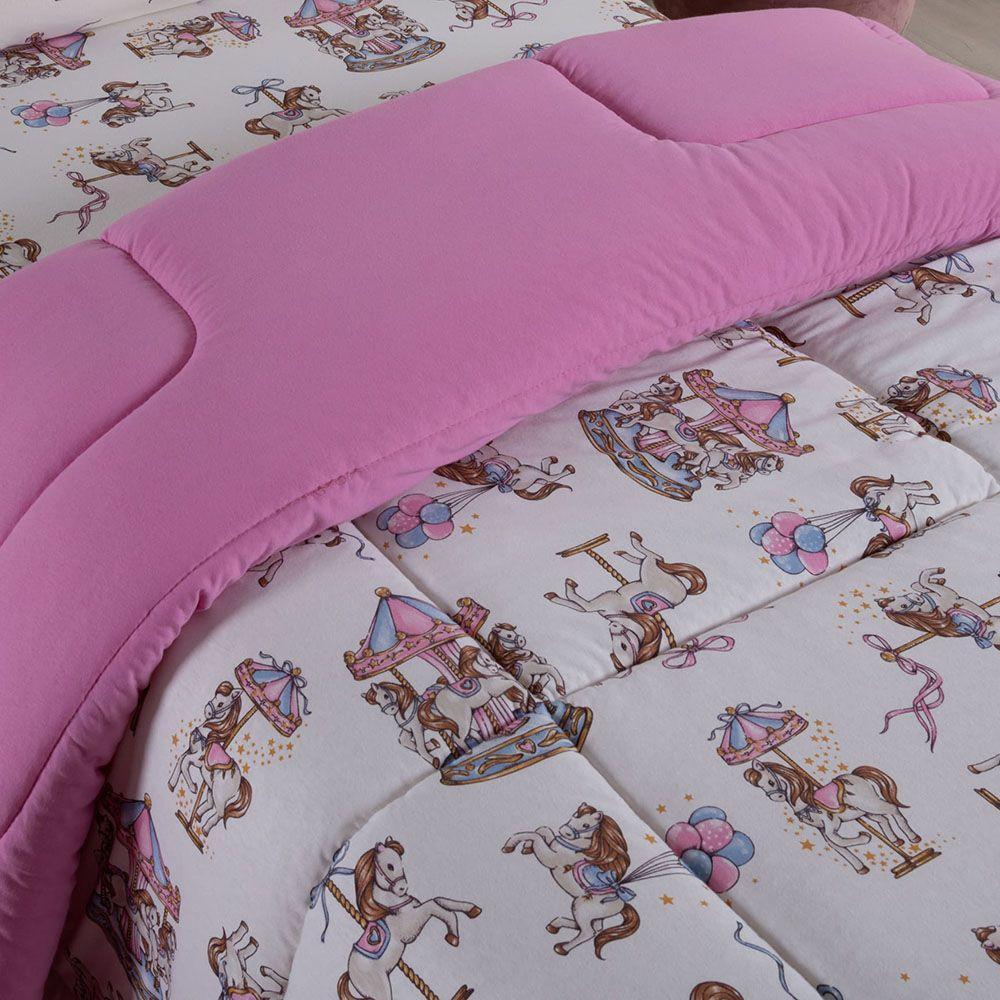 Edredom Fantasy Solteiro 01 Peça Infantil Tecido Malha 100% Algodão Macio Dupla Face - Carrosel Rosa - 3