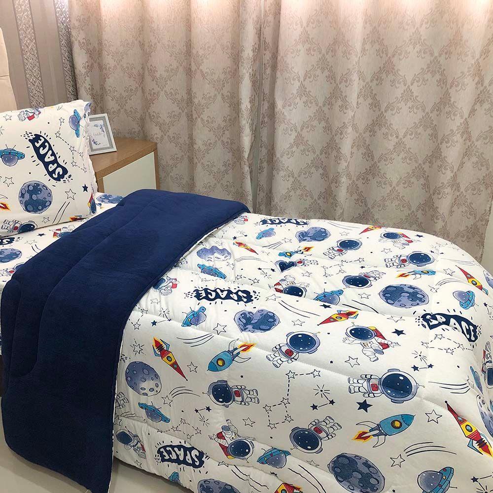 Edredom Fantasy Solteiro 01 Peça Infantil Tecido Malha 100% Algodão Macio Dupla Face - Astronauta Azul - 1