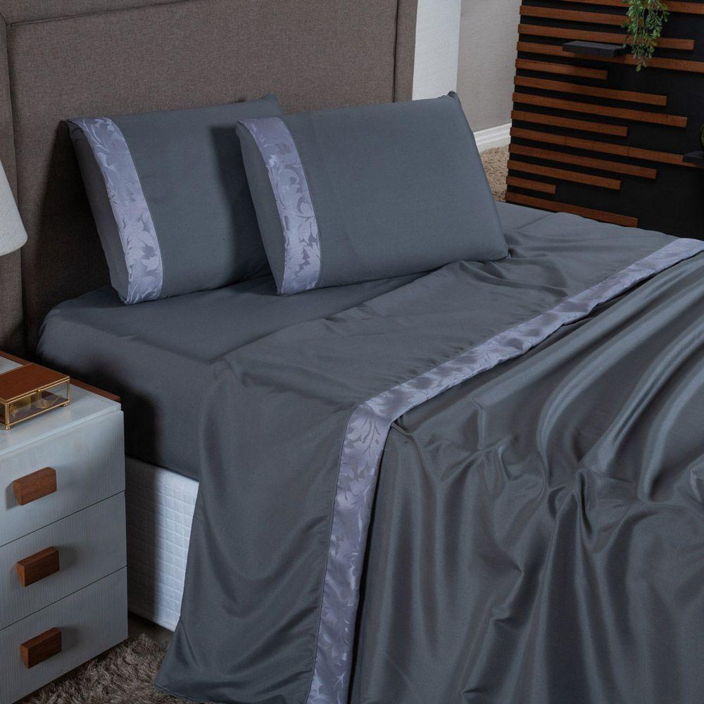Jogo De Lençol Zurique Casal 4 Peças Micro Percal 400 Fios Friso Decorativo - Cinza - 1