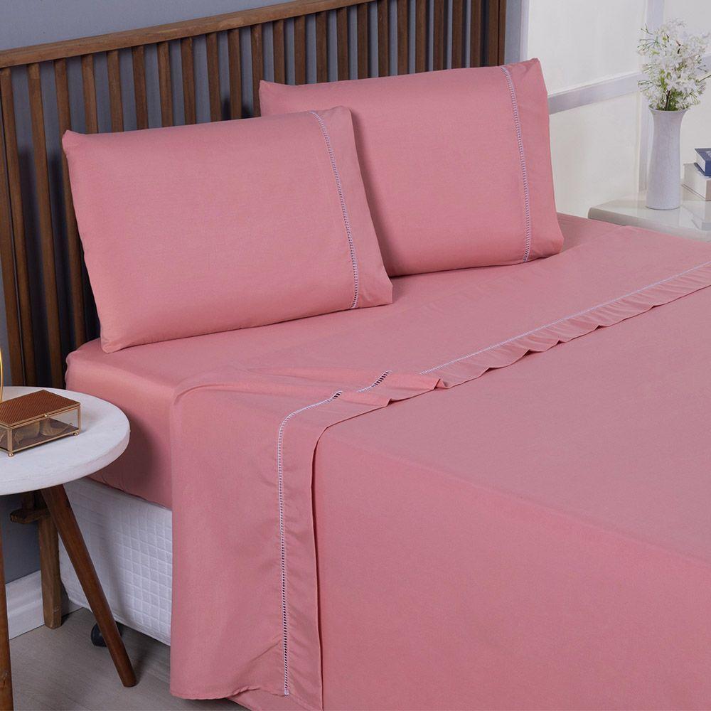 Jogo De Lençol Bariloche Queen 4 Peças Micro Percal 400 Fios Ponto Palito Liso - Rose - 1