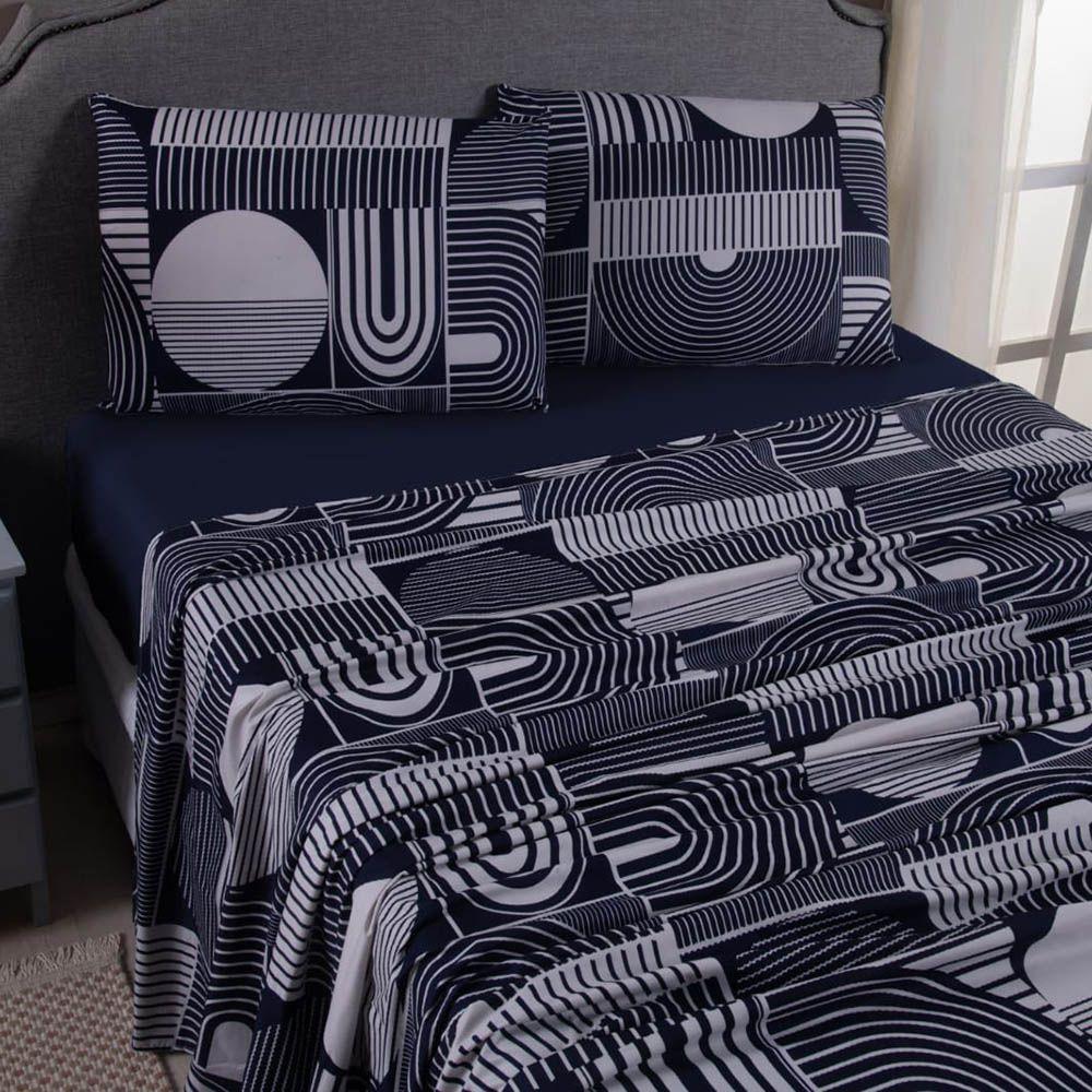 Jogo De Lençol Mabele Queen 4 Peças Micro Percal 400 Fios Estampado - Geométrico Azul Marinho - 1