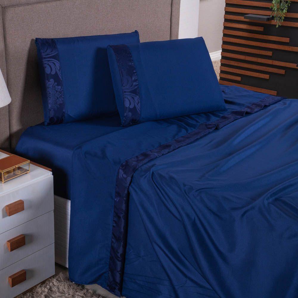 Jogo De Lençol Zurique Casal 4 Peças Micro Percal 400 Fios Friso Decorativo - Azul Marinho - 1