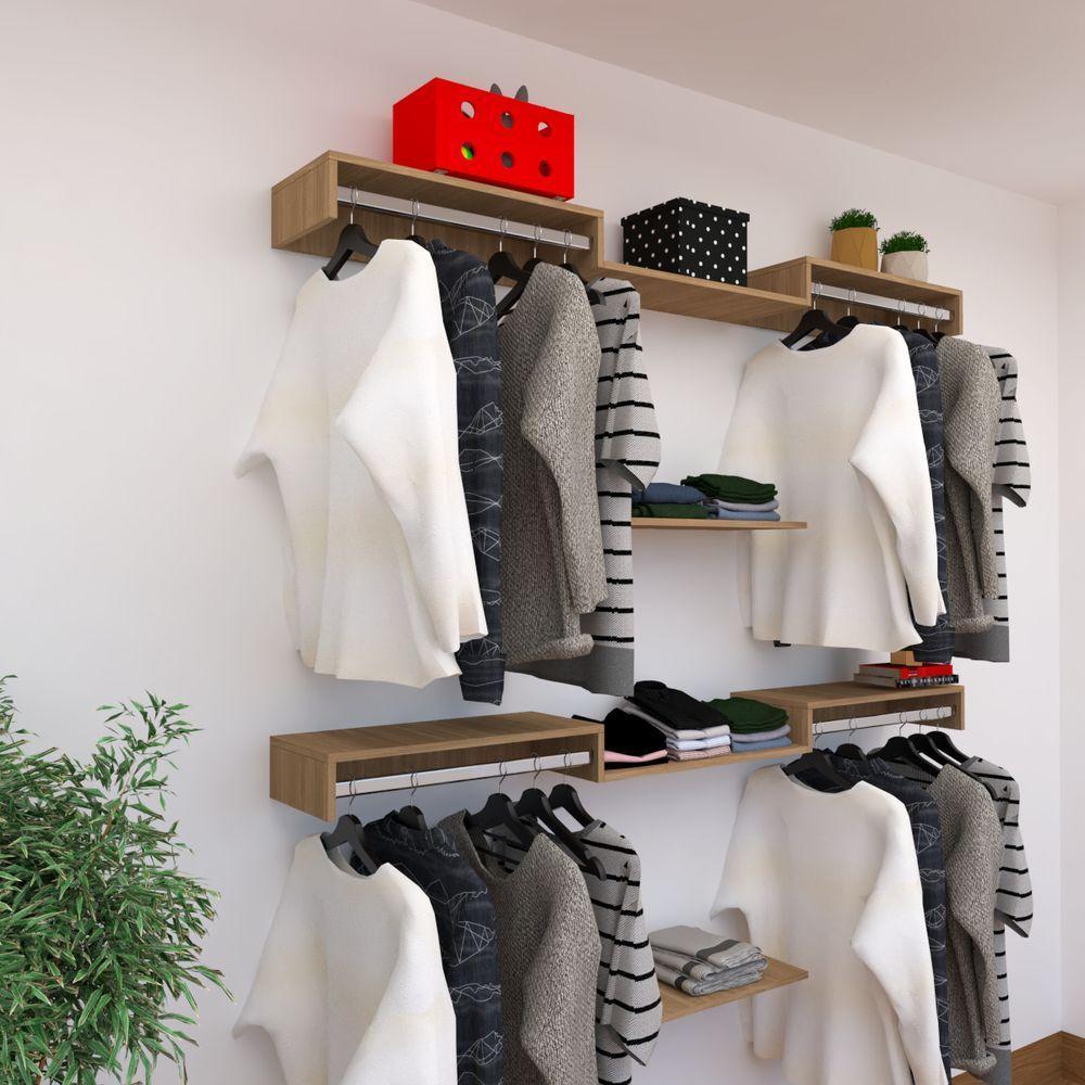 Kit Closet Com Cabideiros E Prateleiras Amadeirado Organização Moderna Para Seu Quarto - 2