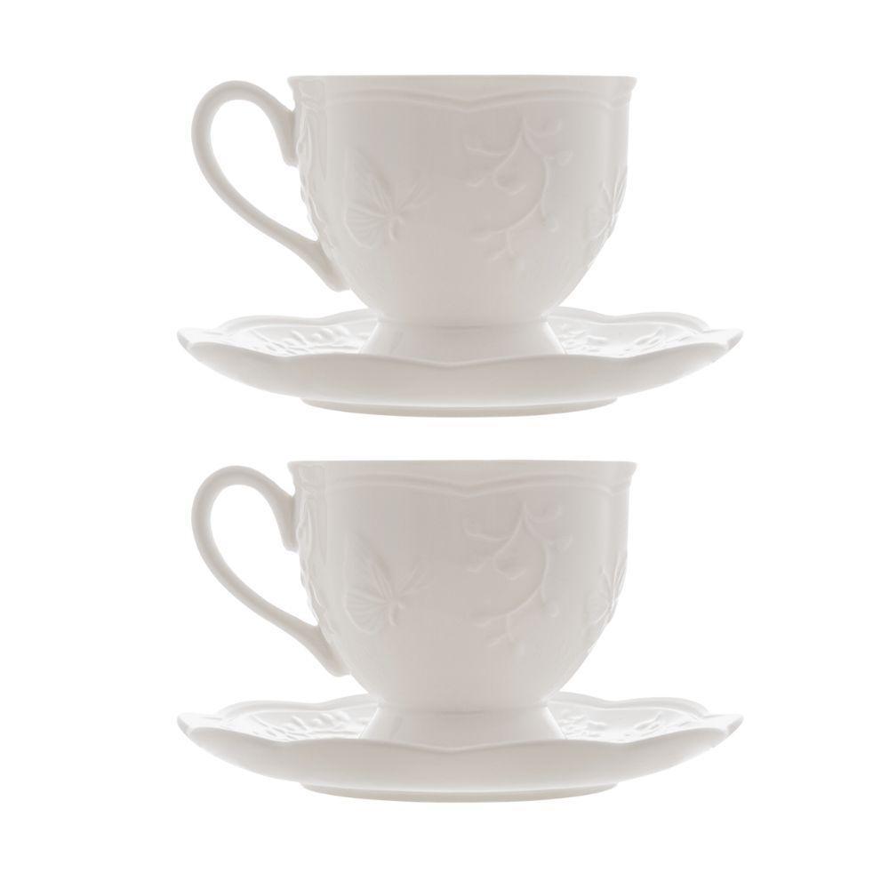 Jogo 2 XícarasDe Café Com Pires Em Porcelana New Bone Butterfly Borboleta E Flores 100ml Lyor - 1