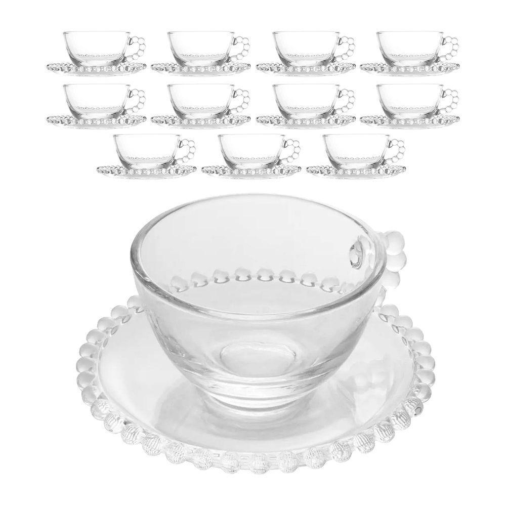 Jogo 12 XícarasDe Chá Com Pires Cristal Transparente Pearl Pérola 180ml Wolff - 1