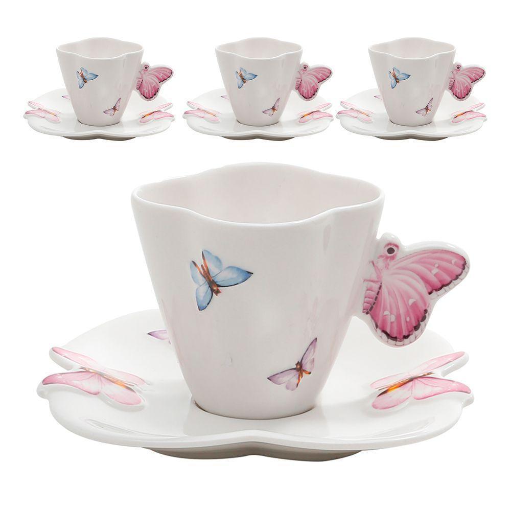 Jogo 4 Xicaras De Chá Porcelana Com Pires Borboletas 200ml Wolff - 1