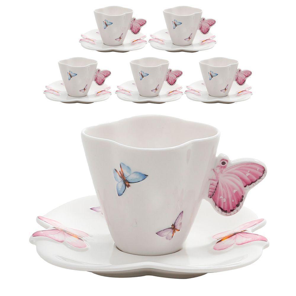 Jogo 6 Xicaras De Chá Porcelana Com Pires Borboletas 200ml Wolff - 1