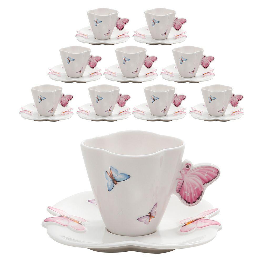 Jogo 10 Xicaras De Chá Porcelana Com Pires Borboletas 200ml Wolff - 1