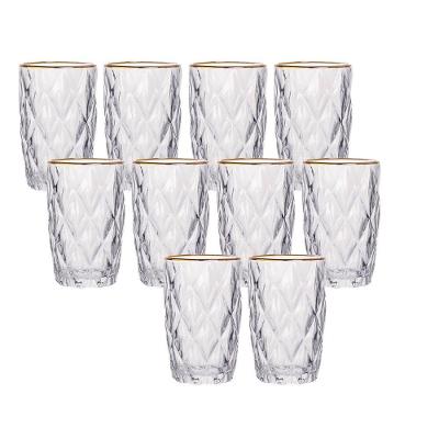 Jogo 10 Copos De Vidro Diamante Diamond Transparente Com Borda Dourada 400ml Em Casa Tem