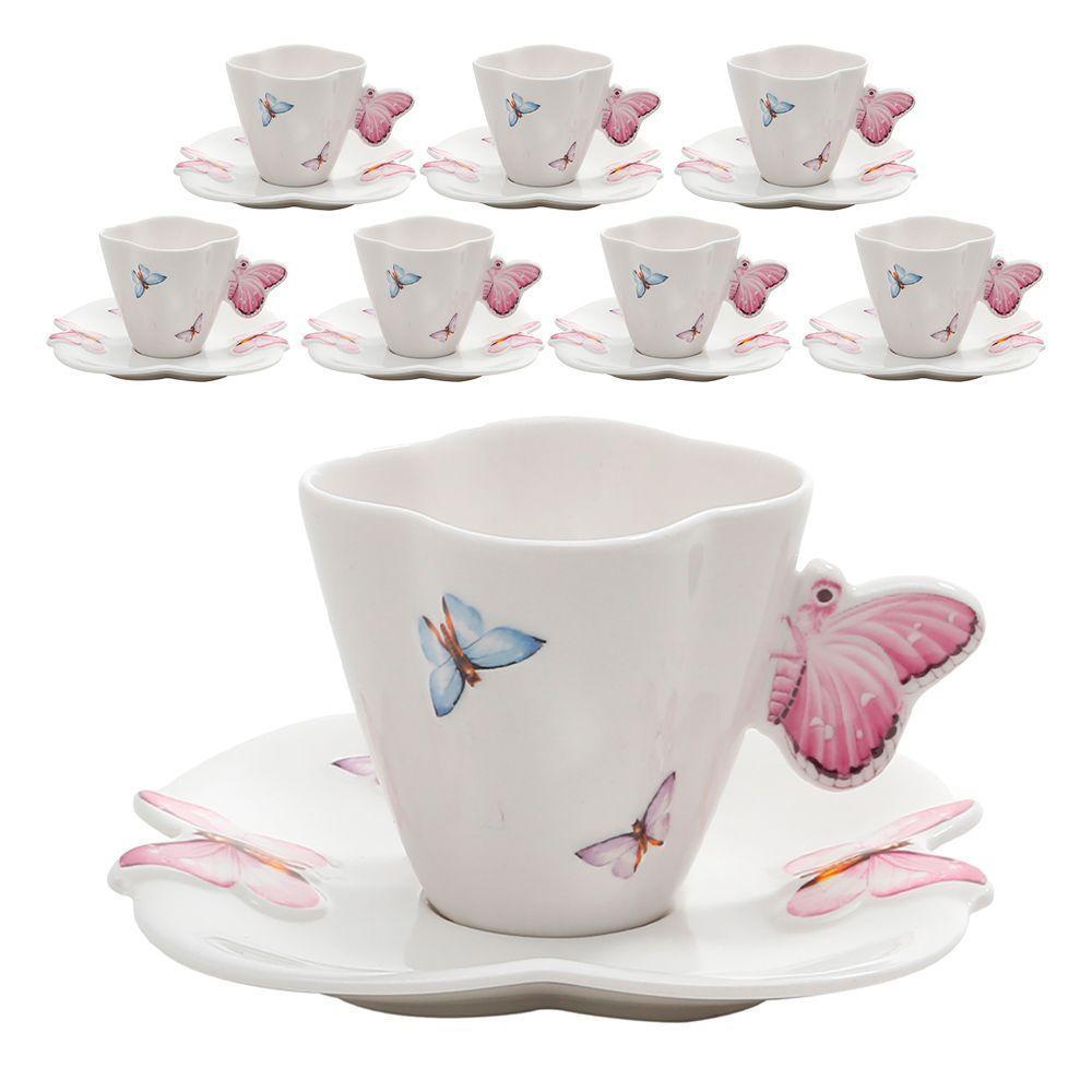 Jogo 8 Xicaras De Chá Porcelana Com Pires Borboletas 200ml Wolff - 1