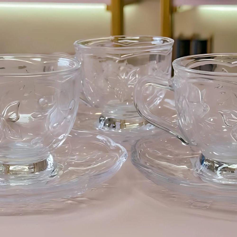 Jogo 4 XícarasDe Chá Café Com Pires Cristal Ecológico New Butterfly Flores Borboletas 180ml Lyor - 6