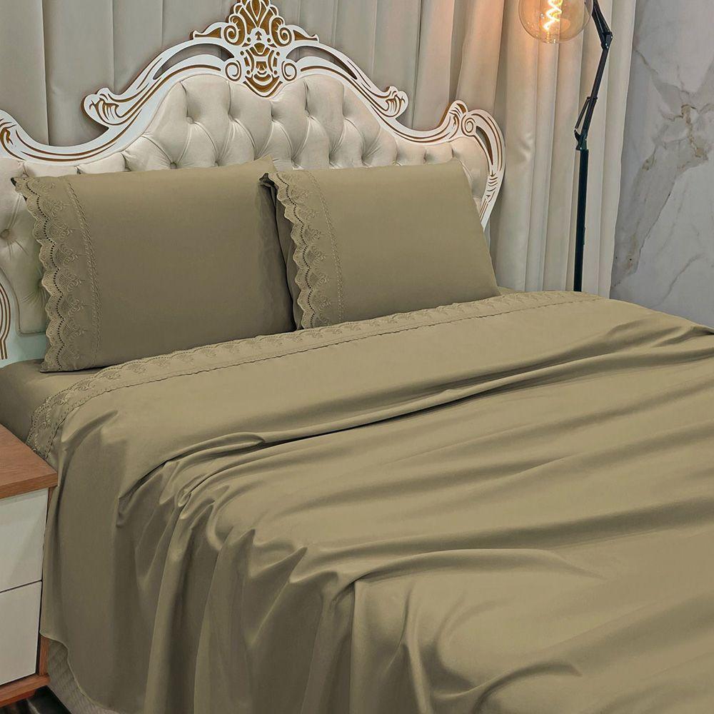 Jogo De Cama Lençol Casal Supremo 3 Peças Micropercal 300 Fios Cáqui 100% Poliéster - 3