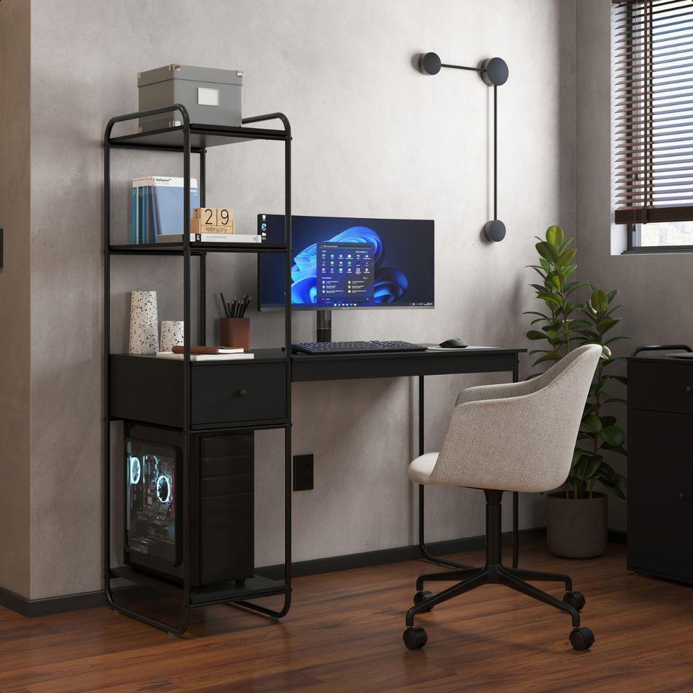 Mesa Escrivaninha Home Office Com Prateleira Criare Com Gaveta Preto - 1