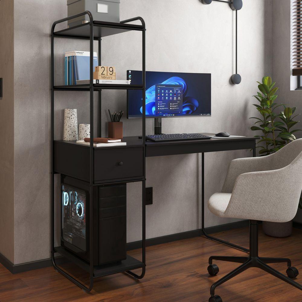 Mesa Escrivaninha Home Office Com Prateleira Criare Com Gaveta Preto - 2