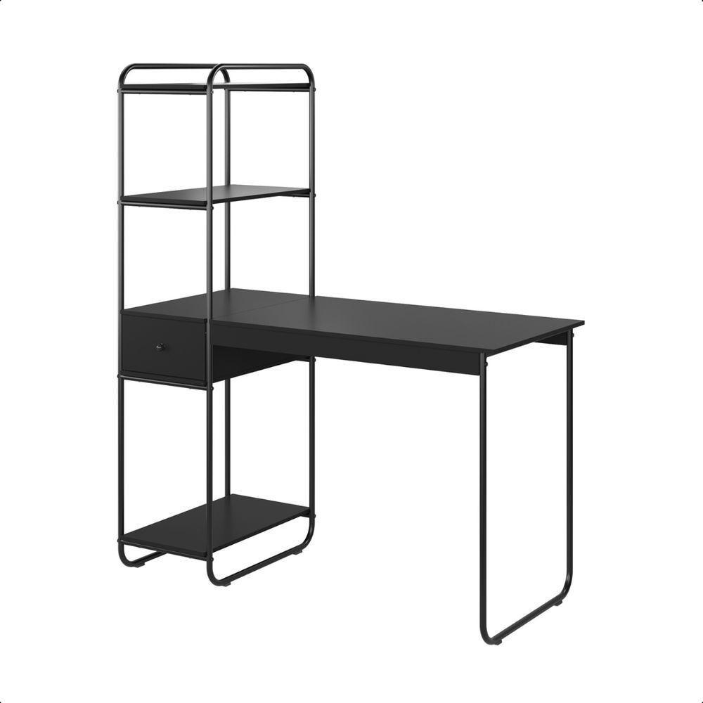 Mesa Escrivaninha Home Office Com Prateleira Criare Com Gaveta Preto - 4