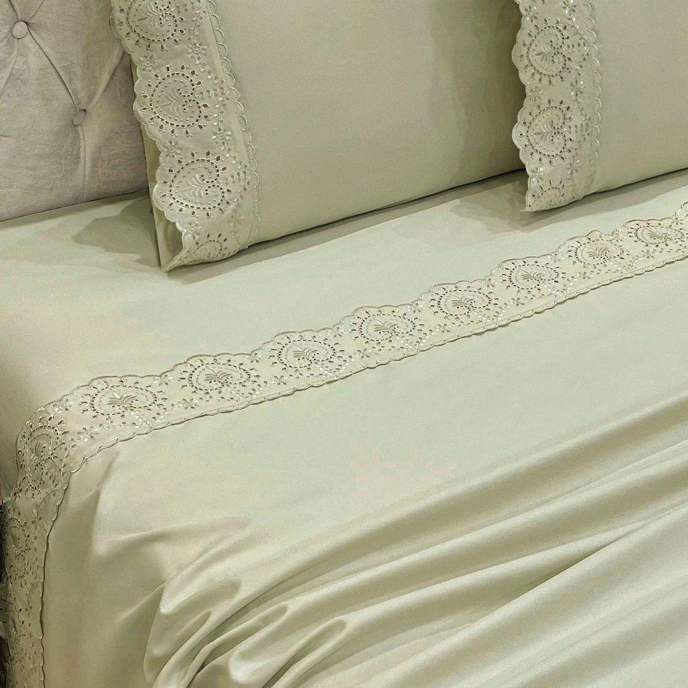 Jogo Lençol Queen Passione Bordado Inglês 4pç 100% Poliéster - Bege - 4